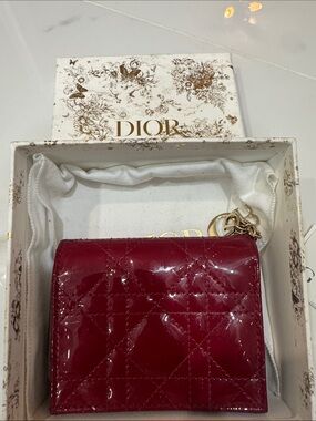 Dior Quilted Patent Leather Mini Wallet - Burgundy with Gold Hardware
